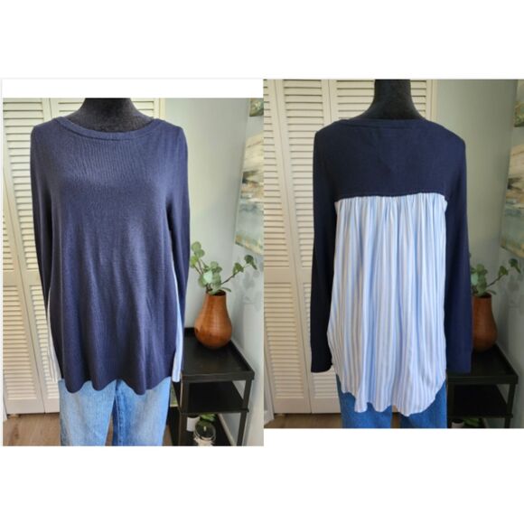 LOFT Outlet Navy Blue Striped Back Mixed Media Long Sleeve Top XS NWT $65 - Picture 1 of 9